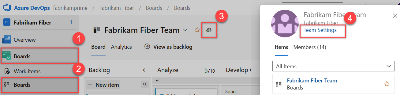 Screenshot del backlog di lavoro o della bacheca, scegli l'icona del profilo del team.