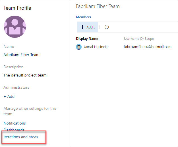 Screenshot del profilo del team, scegliere Iterazioni e l'area.