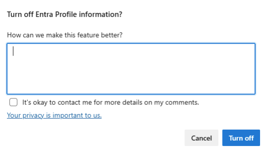 Screenshot che mostra la finestra per immettere miglioramenti e fornire feedback sulle informazioni del profilo Microsoft Entra.