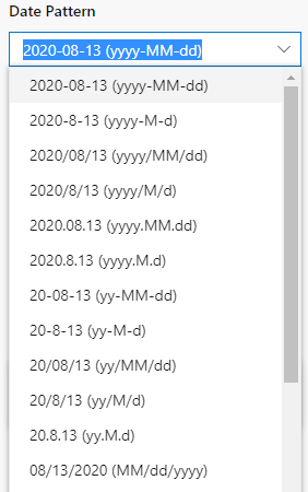 Screenshot che mostra le opzioni nel menu a discesa Formato della data nel pannello Ora e impostazioni locali.
