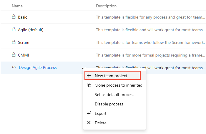 Schermata del menu delle azioni del processo di importazione, Crea un nuovo progetto del team dal processo importato.