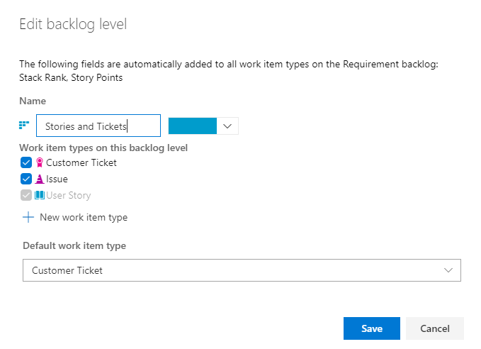 Nel backlog di modifica, Storie e Ticket vengono immessi nel campo Nome, ed è presente un elenco di tipi di elementi di lavoro per questo livello di backlog.