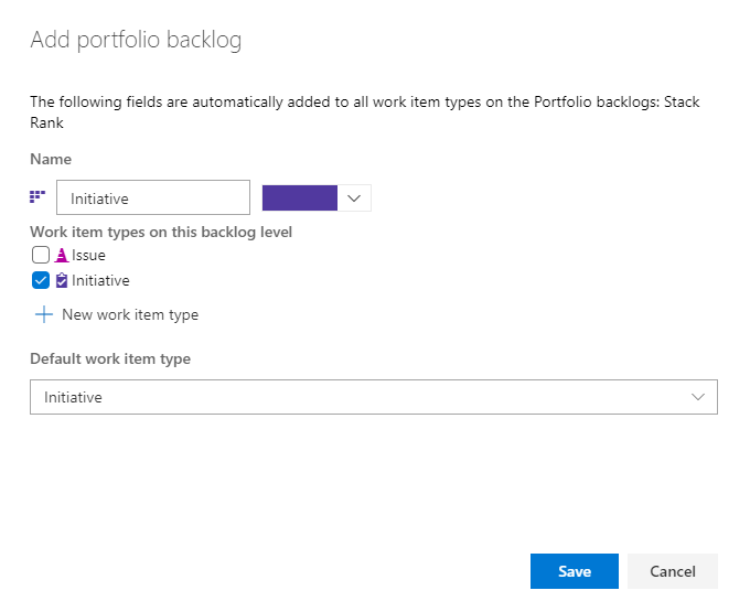 Screenshot che mostra il portale Web, la finestra di dialogo Aggiungi un backlog di portafoglio, Salva modifiche.