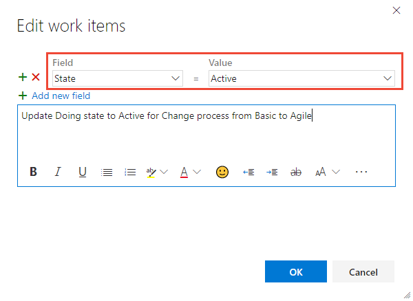 Screenshot che mostra lo stato di errore del tipo di elemento di lavoro modificato.
