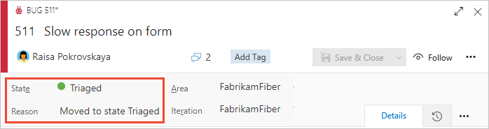 Screenshot del modulo dell'elemento di lavoro Bug, dell'area di intestazione e dello stato aggiunto.