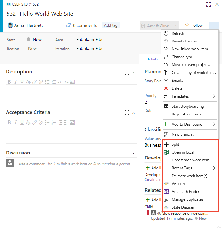 Modulo web per storia utente, menu contestuale, opzioni a livello di azione