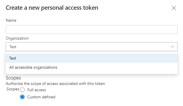 Screenshot dell'impostazione dell'ambito PAT su tutte le organizzazioni accessibili.