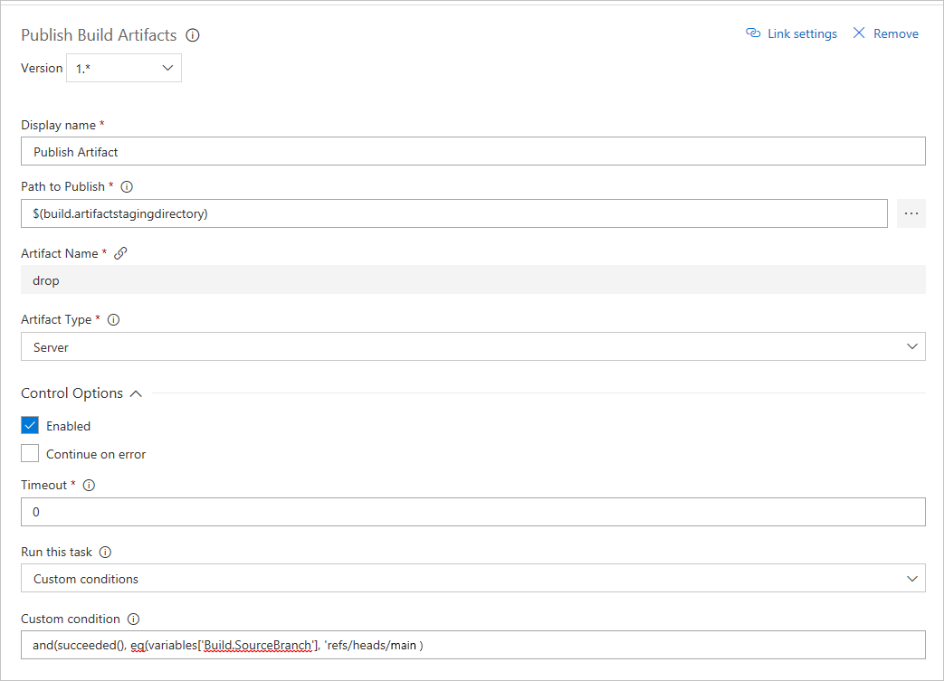 Screenshot che mostra come aggiungere una condizione personalizzata all'attività di pubblicazione degli artefatti di build.