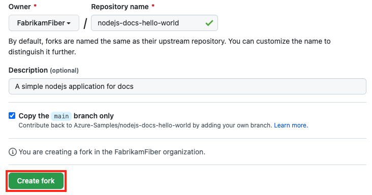 Screenshot della creazione di un fork su GitHub. 