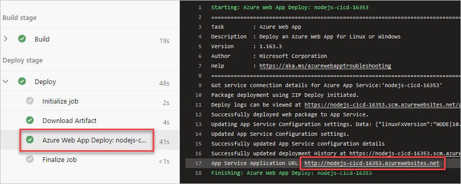 Screenshot della posizione dell'URL del sito web in Azure Pipelines.