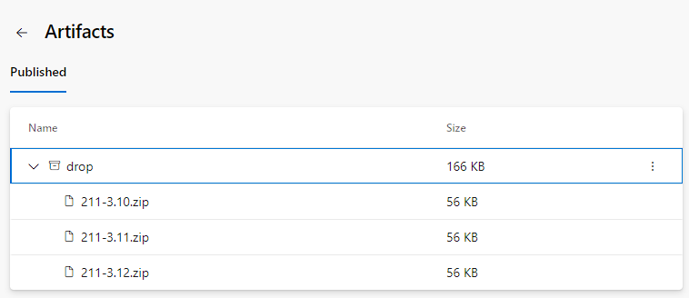 Screenshot degli artefatti di build pubblicati.
