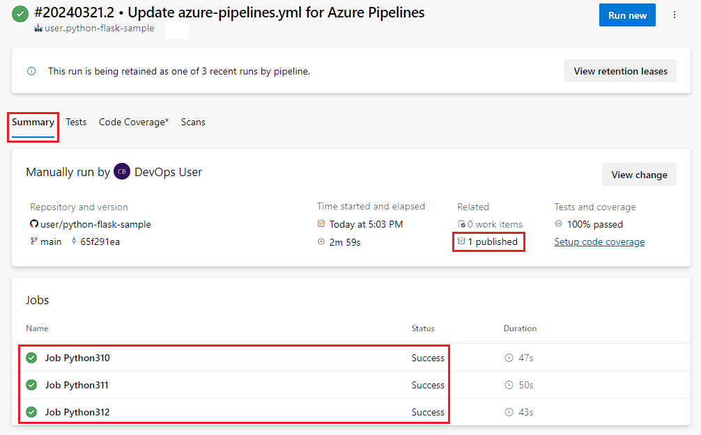 Screenshot del link degli artefatti di build pubblicati.