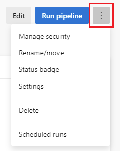 Screenshot delle impostazioni della pipeline e del menu delle altre azioni.