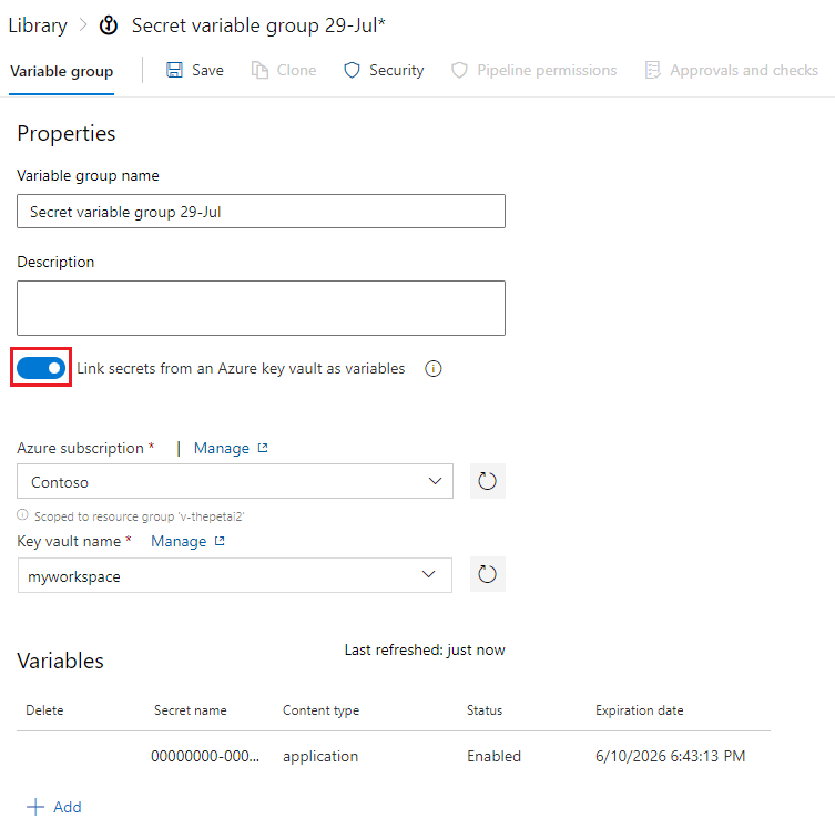 Screenshot del gruppo di variabili con l'integrazione di Azure Key Vault.