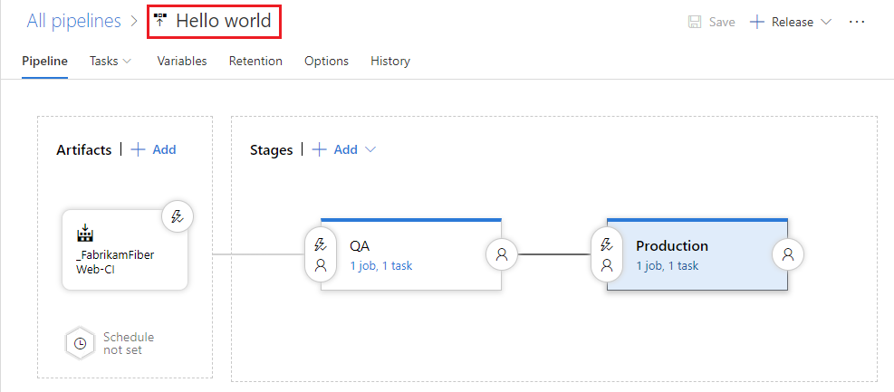 Rinominare la pipeline di rilascio hello world