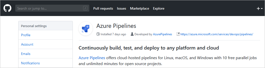Installare l'estensione Azure Pipelines su GitHub.