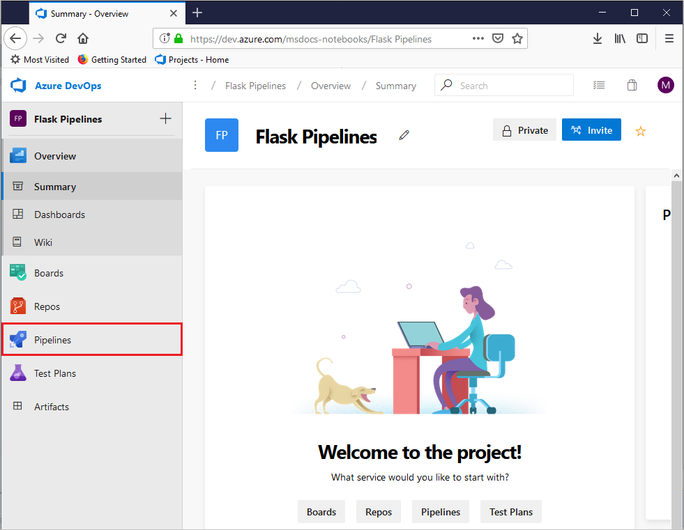 Screenshot della selezione delle pipeline sul dashboard del progetto.