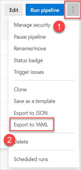 Screenshot del menu di scelta rapida per esportare la tua pipeline in YAML.