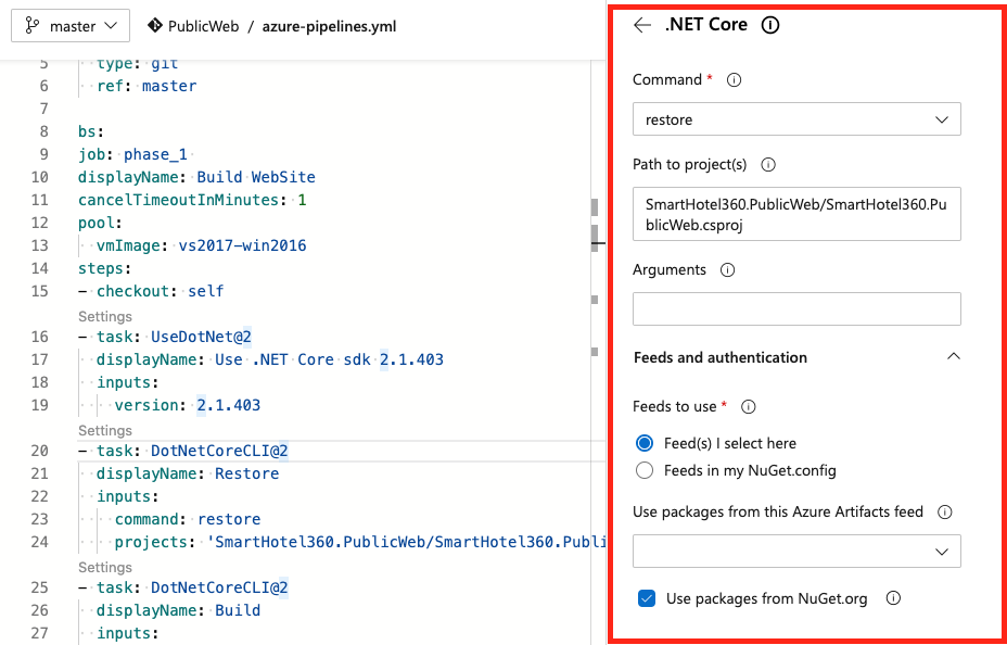 Configura l'attività della pipeline con l'Assistente di attività.