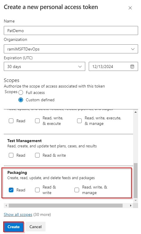 Screenshot che mostra come creare un token di accesso personale con autorizzazioni di lettura per il packaging.