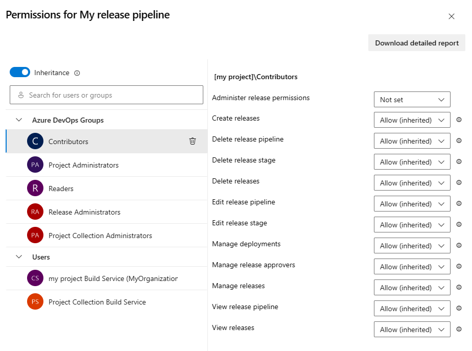 Screenshot della selezione dell'utente o del gruppo nella sicurezza della pipeline di distribuzione.