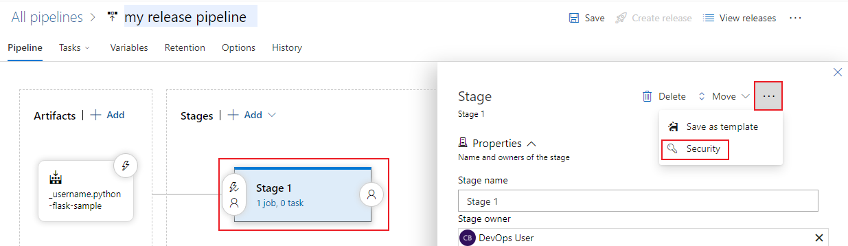 Screenshot che mostra le selezioni di navigazione di sicurezza della fase di rilascio.