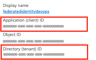 Screenshot che mostra l'ID client di registrazione dell'app e l'ID tenant.