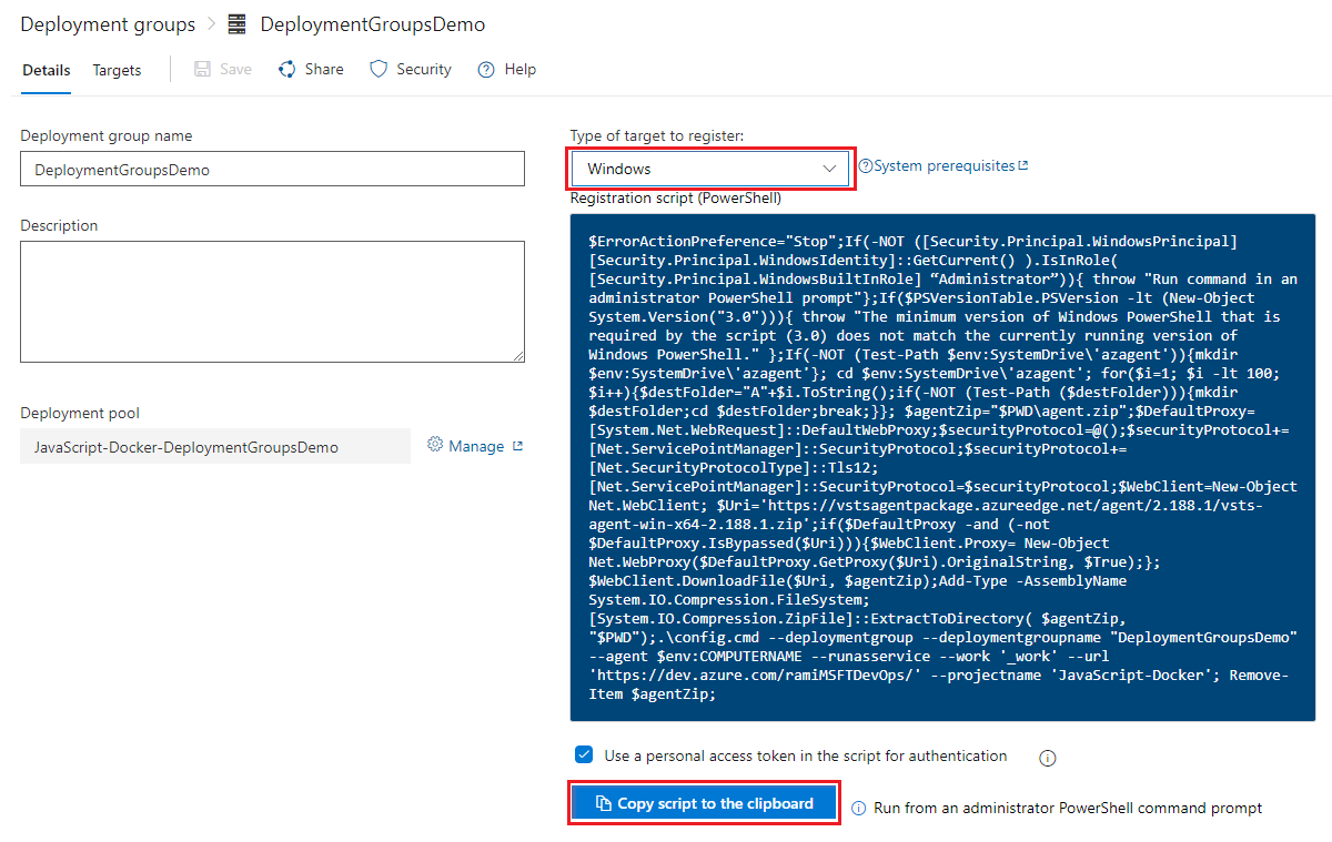 Screenshot che mostra come creare un gruppo di distribuzione in Azure Pipelines.