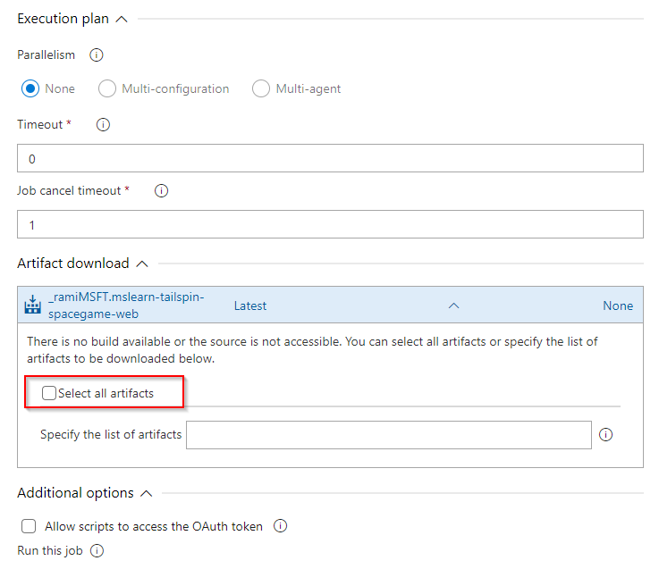 Screenshot che mostra come ignorare il download automatico degli artefatti in una pipeline di rilascio classica su Azure DevOps Services.