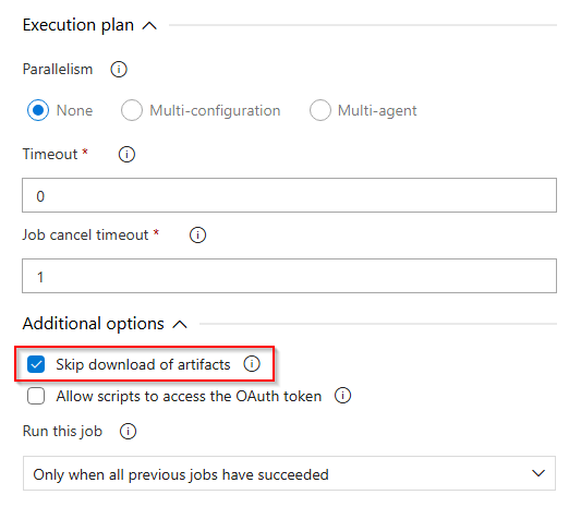 Screenshot che mostra come ignorare il download automatico degli artefatti in una pipeline di versione classica su Azure DevOps Server.