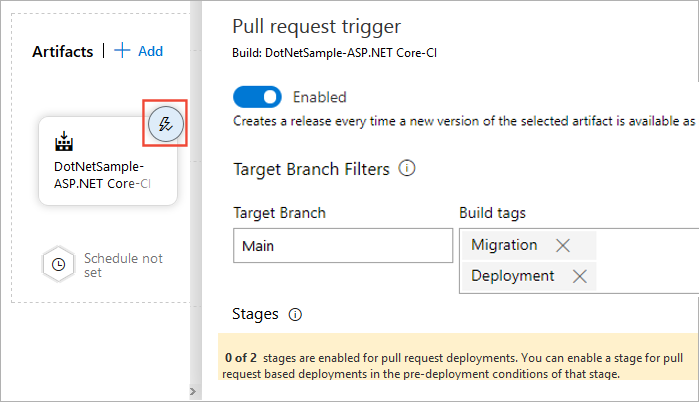 Screenshot che mostra come configurare i trigger di pull request in una pipeline di rilascio.