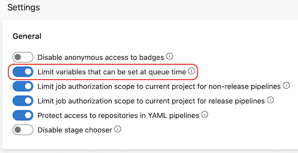 Screenshot di come limitare le variabili che possono essere impostate al tempo di accodamento a livello di organizzazione.