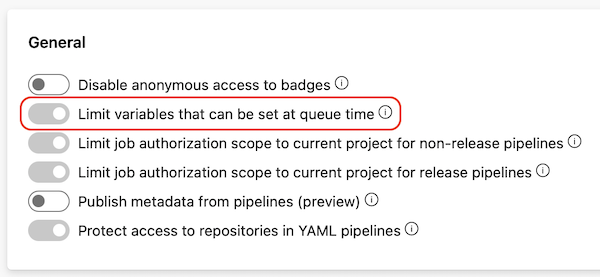 Screenshot della limitazione delle variabili impostabili in fase di coda a livello di progetto.