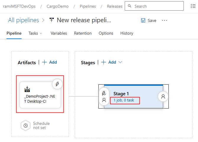 Screenshot che mostra come configurare una pipeline di versione classica per la distribuzione del database.