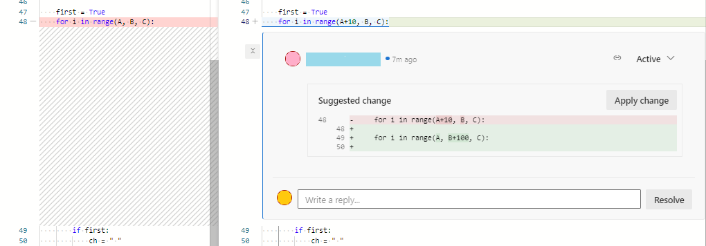 Screenshot che mostra un esempio di modifica suggerita per il codice in un commento di richiesta pull.
