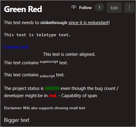 Screenshot di una pagina wiki pubblicata che usa la formattazione RTF HTML, come illustrato nella visualizzazione Tema scuro.