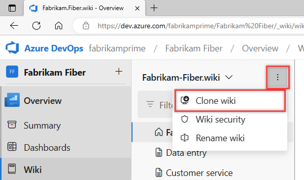 Screenshot che mostra come selezionare l'azione Git Clona wiki in Altre opzioni per il wiki selezionato.