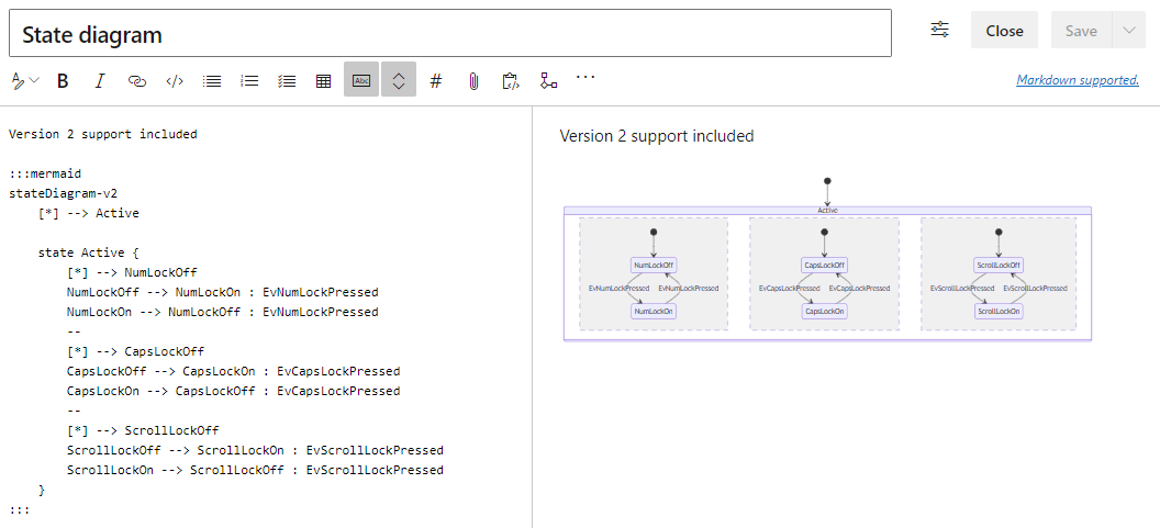 Schermata dell'Editor Live Mermaid con il codice per un diagramma di stato e un'anteprima della visualizzazione pubblicata.