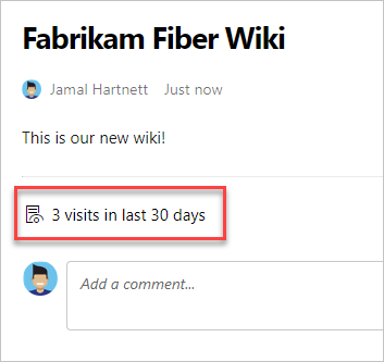 Screenshot che mostra il conteggio aggregato delle visite di pagina in una pagina wiki pubblicata.