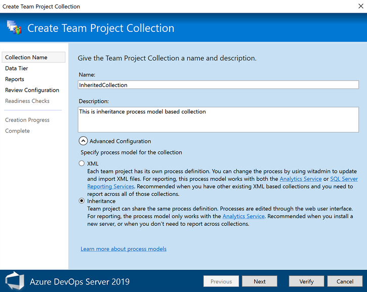 Screenshot che mostra la procedura guidata Crea raccolta di progetti del team, finestra di dialogo Nome raccolta.