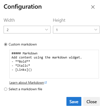 Screenshot mostra la finestra di dialogo di configurazione del widget Markdown.