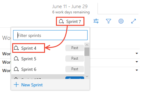 Lo screenshot mostra che qui è possibile selezionare uno sprint precedente dal selettore dello sprint.