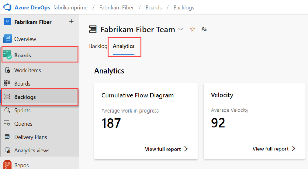 Screenshot della scheda Analisi di un backlog, con analisi, bacheche e backlog evidenziati e un valore medio di lavoro in corso pari a 187.