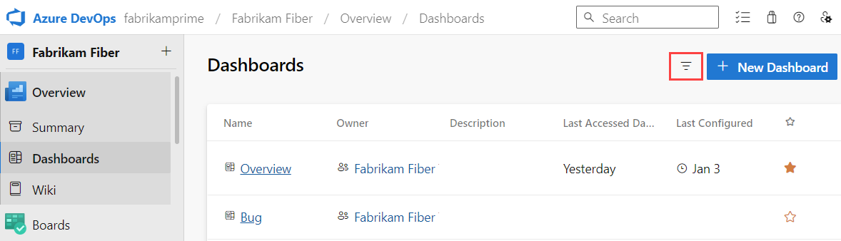 Screenshot di Filtrare la directory del dashboard.
