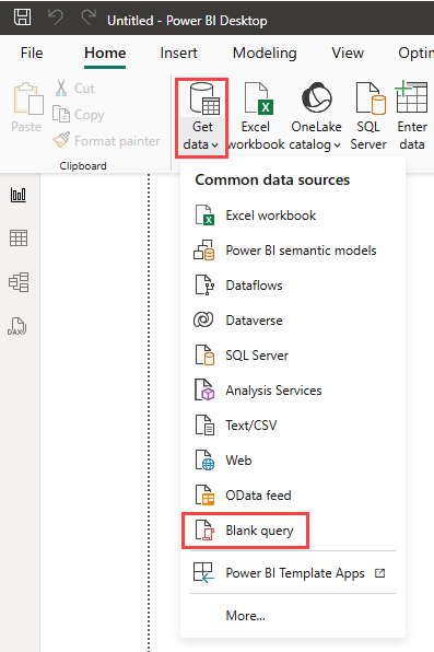 Screenshot di un report vuoto in Power BI Desktop. Sulla barra multifunzione viene espanso Ottieni dati. Ottieni dati e Query vuota sono evidenziati.