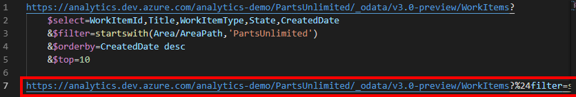 Screenshot di un file OData in Visual Studio Code. Il file contiene una query su più righe seguita dalla versione a riga singola della query.