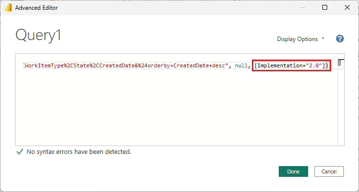Screenshot della finestra Editor avanzato. La fine della query è visibile e il parametro di implementazione è evidenziato.