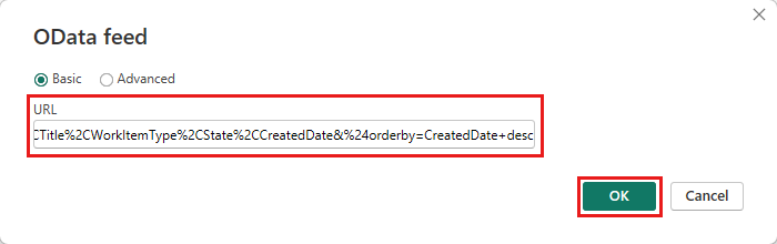 Schermata della finestra di dialogo del feed OData. La casella URL contiene la query OData a riga singola.