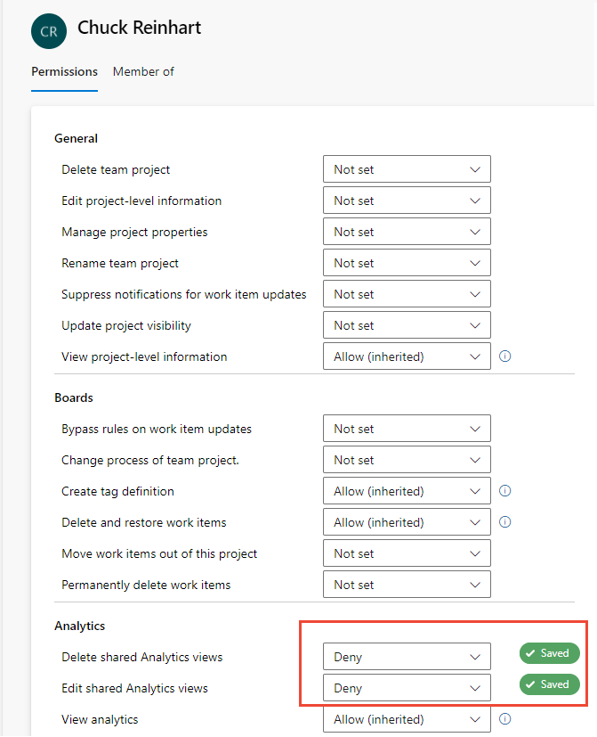Screenshot delle autorizzazioni utente a livello di progetto, autorizzazioni di analisi modificate.