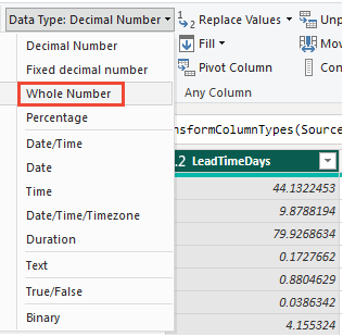 Screenshot del menu Trasformazione di Power BI, Selezione tipo di dati.